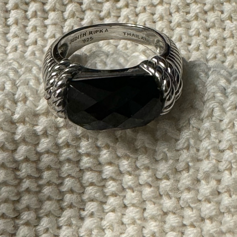 Judith Ripka Rectangle Faceted Black Onyx and Sterling Silver Twisted Cable Ring